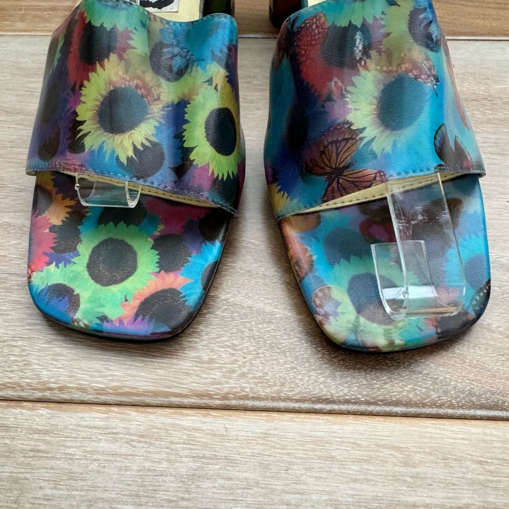 Vintage 90s Fioni Holographic Butterfly Sunflower Heels Mules Shoes Rave 6.5 - Picture 3 of 10